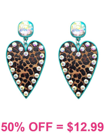 Leopard Heart Rhinestone post Earrings Turquoise trim