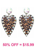 Leopard Heart Rhinestone post Earrings Silver trim