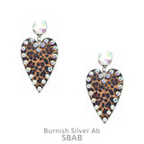 Leopard Heart Rhinestone post Earrings Silver trim