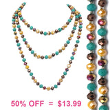 Mustard, Brown, Turquoise Crystal 60" Layering Necklace