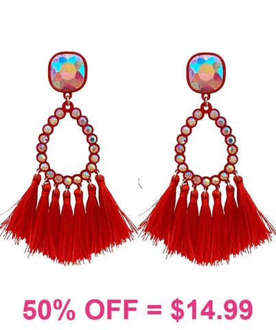 Red Bling Teardrop Earrings with Tassels