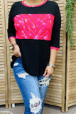 Black waffle knit top with pink zebra