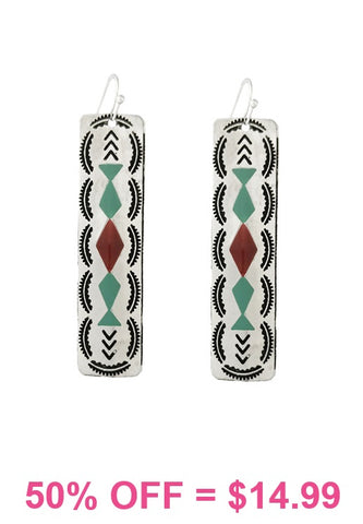 Silver rectangle bar earrings with tribal designs