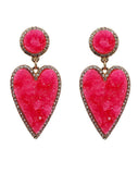 Pink HEART Druzy stone dangle post earrings bling trim