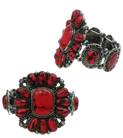 Red Stone Western Concho Stretch Bracelet