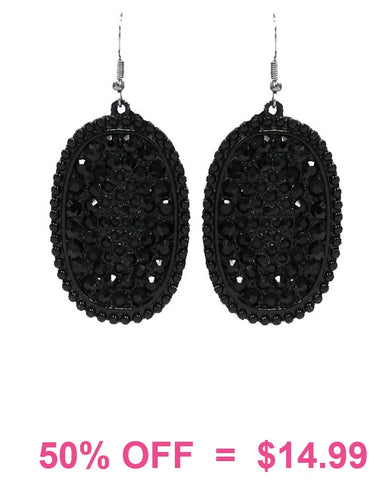 Black Oval Earrings with Black Rhinestones- MEDIUM SIZE