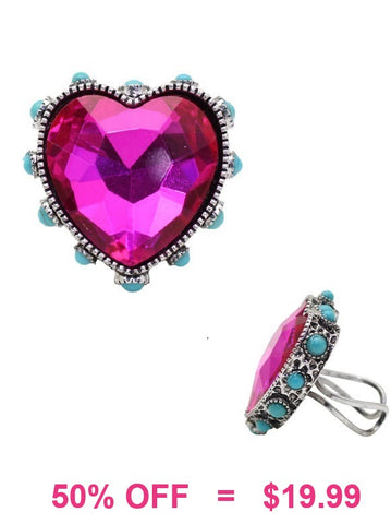 Pink Bling Heart stone ring with turquoise and silver setting