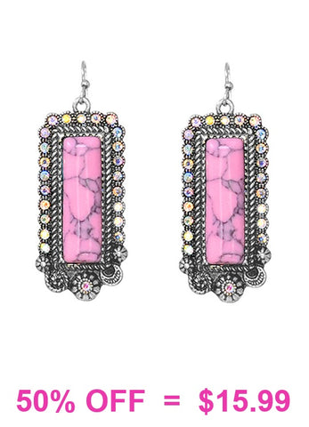 Pink Rectangle stone earrings with bling silver border