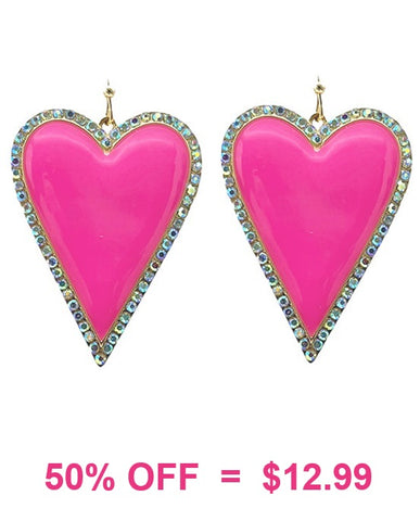 Neon Pink Heart earrings with bling trim