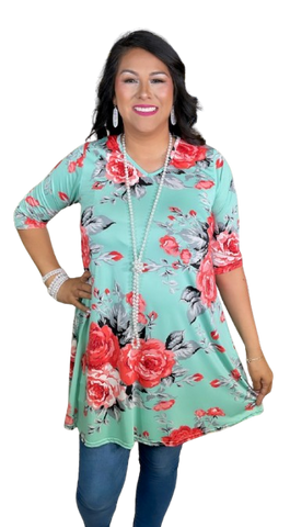 Mint Flutter Tunic with coral floral print