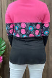 Pink, Western print, black color block long sleeve top