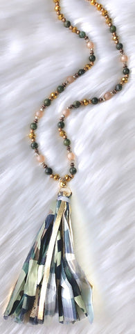 Camo Tassel Green Beaded Necklace