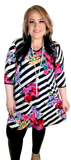 S-M-L : Black & White Stripe Flutter Tunic with Colorful Flowers