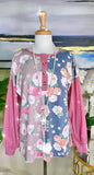 S, M, L : Half Floral, button front, pink long sleeve top