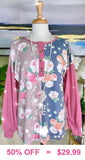 S, M, L : Half Floral, button front, pink long sleeve top