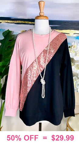 Blush, Sequin, Black diagonal color block long sleeve