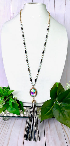 Black and White Crystal Necklace with bling oval and tassel