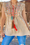 S, 2X, 3X : Striped Sleeveless Top with Tribal Embroidery