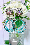 Silver Concho Bling Post Earrings with Turquoise Beaded Hoops