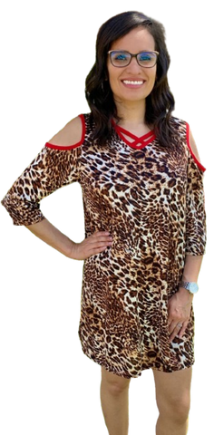 Leopard Flutter Tunic with Red Criss Cross Neck & Cold Shoulders