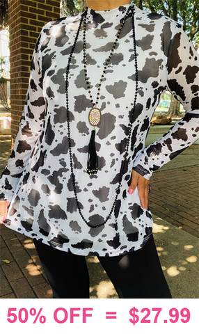 Black and White cow print top with sheer long sleeves