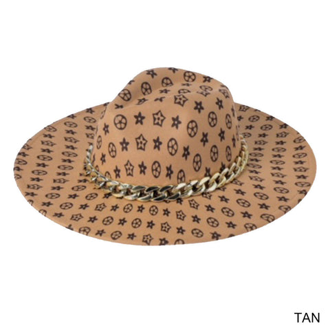 TAN MONOGRAM HAT WITH GOLD CHAIN