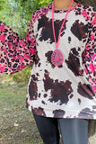 Cow Print Top with pink leopard bell sleeves