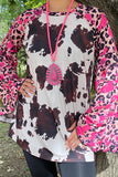 Cow Print Top with pink leopard bell sleeves