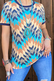 S, L, XL, 2X,3X Turquoise, Tan & Blue Tribal short sleeve top