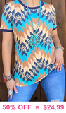 S, L, XL, 3X Turquoise, Tan & Blue Tribal short sleeve top