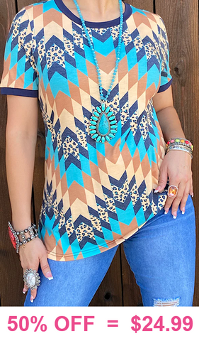 S, L, XL, 2X,3X Turquoise, Tan & Blue Tribal short sleeve top