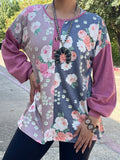 S, M, L : Half Floral, button front, pink long sleeve top