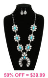 Trendy Turquoise & AB Bling Squash Blossom necklace and earring set