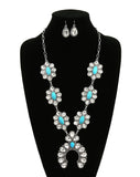 Trendy Turquoise & AB Bling Squash Blossom necklace and earring set