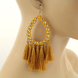 Large Mustard Teardrop Outline Earrings with Bling & Tassels