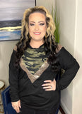 S, L, XL, XXL : Black Long Sleeve Top with Camo & Sequin V-Neck