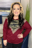 Small : Maroon Long Sleeve Top with Camo & Sequin V-Neck