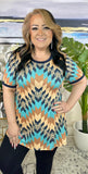 S, L, XL, 2X,3X Turquoise, Tan & Blue Tribal short sleeve top