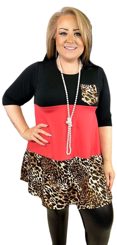 S-M-L : Black, Coral, and Leopard Color Block Flutter Tunic with Pocket