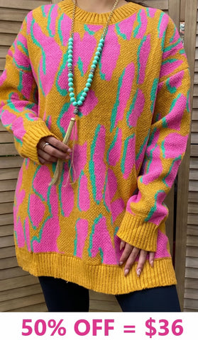 Retro Mustard and Pink Leopard long sweater