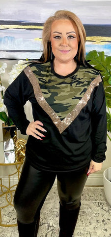 S, L, XL, XXL : Black Long Sleeve Top with Camo & Sequin V-Neck