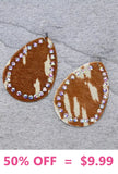 Light Brown Cow hair on hide Teardrop Bling Trim Earrings