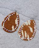 Light Brown Cow hair on hide Teardrop Bling Trim Earrings