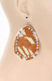 Tan Cow Teardrop Bling Trim Earrings ; hair on hide