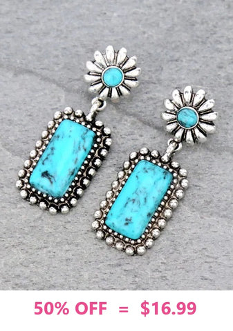 Western Drop Post Earrings with Silver Border & Turquoise Rectangle Stone