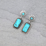 Western Drop Post Earrings with Silver Border & Turquoise Rectangle Stone