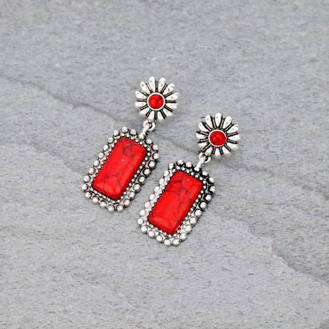 Western Drop Post Earrings with Silver Border & Red Rectangle Stone