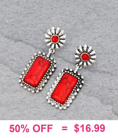 Western Drop Post Earrings with Silver Border & Red Rectangle Stone