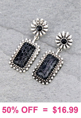 Western Drop Post Earrings with Silver Border & Black Rectangle Stone