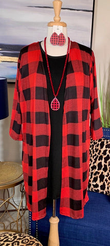 Red Plaid Straight Front Cardigan